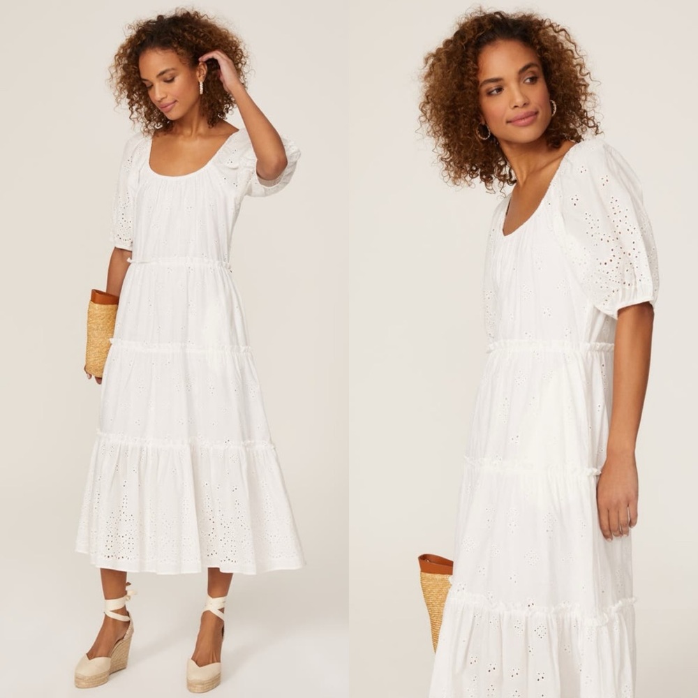 Fifteen Twenty Tiered Eyelet Maxi Dress M White Puff Sleeve Ruffle Cotton Poplin